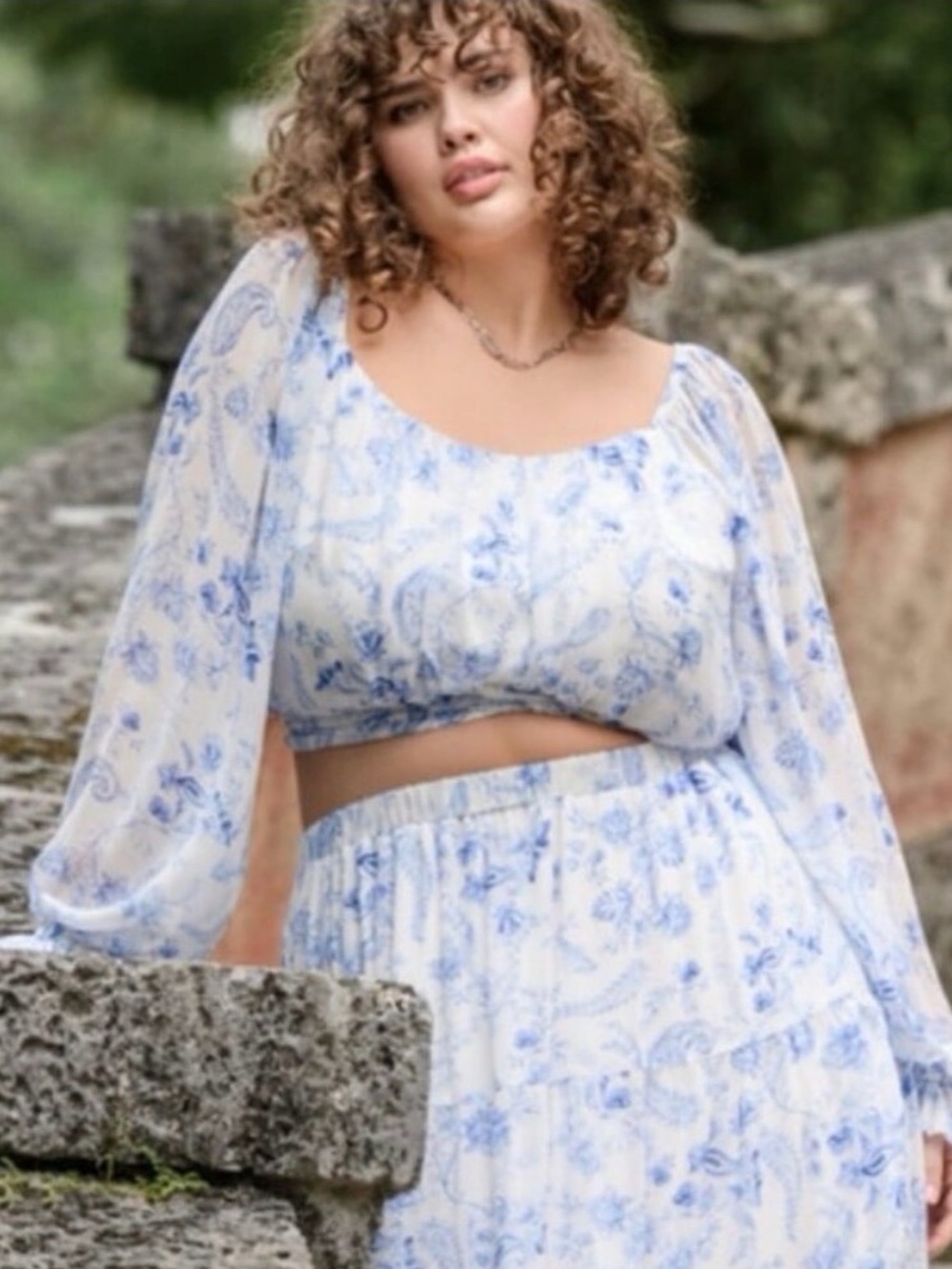 ARULA Blue and White Floral Off-Shoulder Top